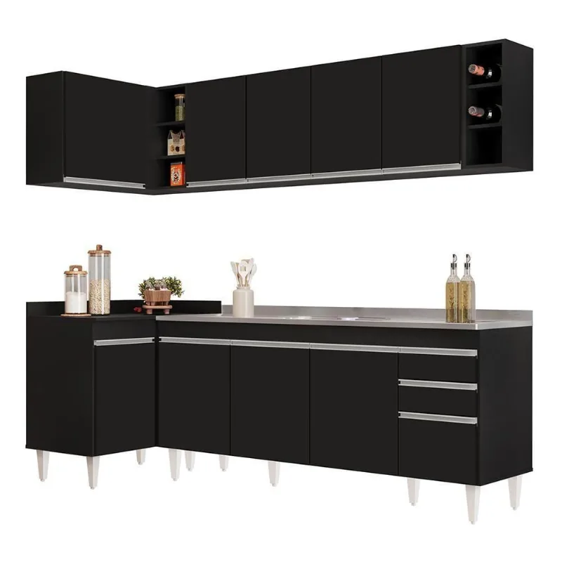 Armário De Cozinha Modulado De Canto Direito 5 Peças Cp45 Com Pia Inox Preto - Lumil