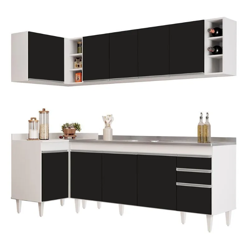 Armário De Cozinha Modulado De Canto Direito 5 Peças Cp45 Com Pia Inox Branco-preto - Lumil