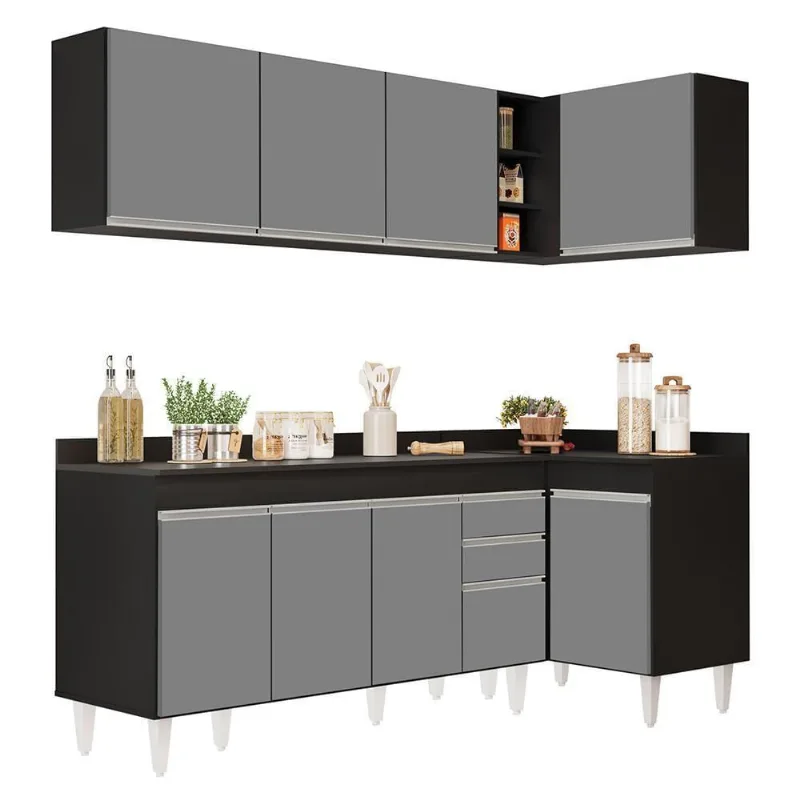 Armário De Cozinha Modulado De Canto Esquerdo 4 Peças Cp50 Balcão Com Tampo Preto-cinza - Lumil
