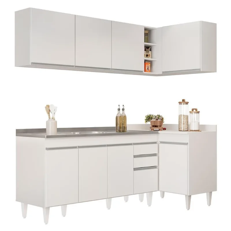 Armário De Cozinha Modulado De Canto Esquerdo 4 Peças Cp51 Com Pia Inox Branco - Lumil