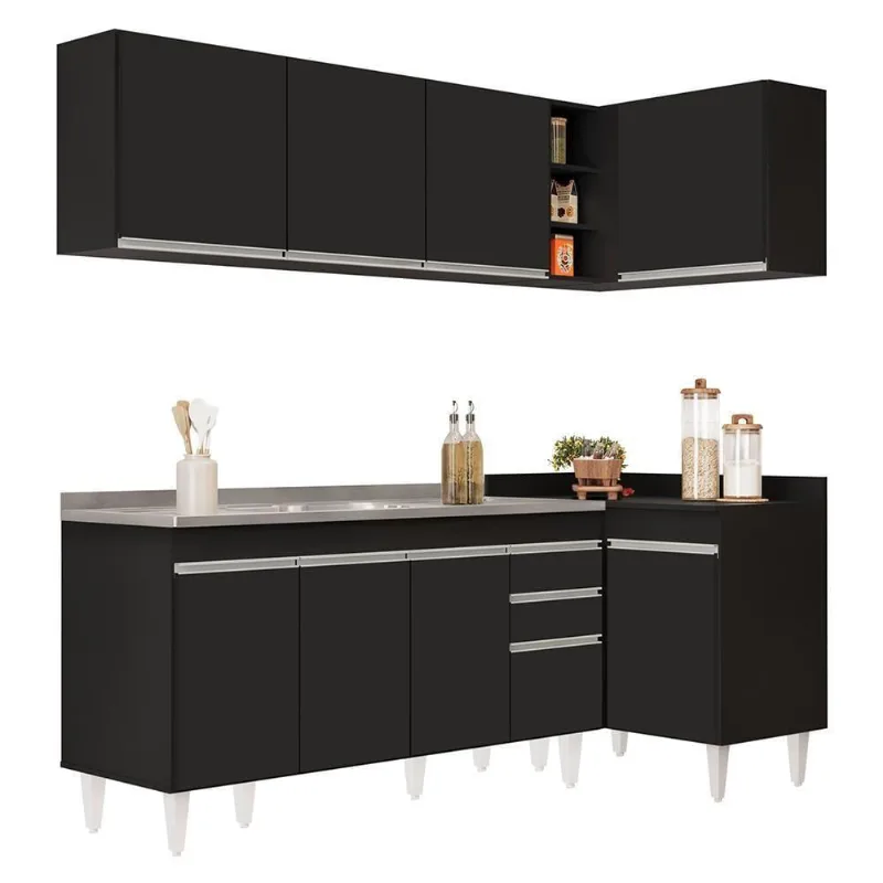 Armário De Cozinha Modulado De Canto Esquerdo 4 Peças Cp51 Com Pia Inox Preto - Lumil