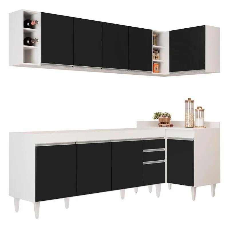 Armário De Cozinha Modulado De Canto Esquerdo 5 Peças Cp52 Balcão Sem Tampo Branco-preto - Lumil