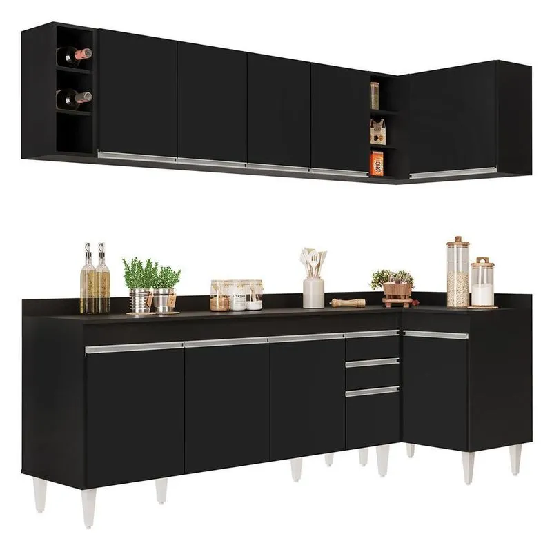 Armário De Cozinha Modulado De Canto Esquerdo 5 Peças Cp53 Balcão Com Tampo Preto - Lumil