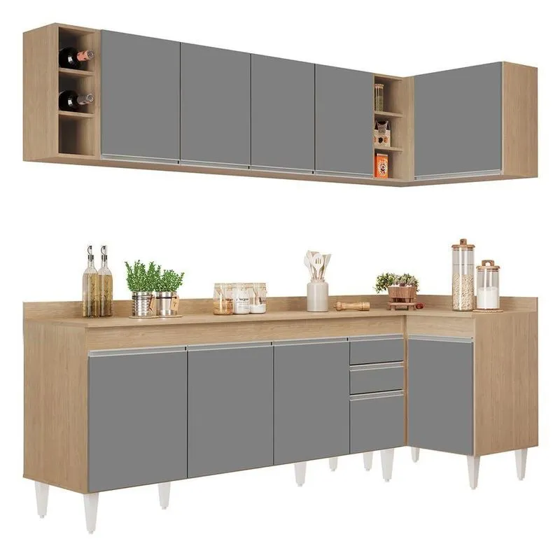 Armário De Cozinha Modulado De Canto Esquerdo 5 Peças Cp53 Balcão Com Tampo Castanho/cinza - Lumil