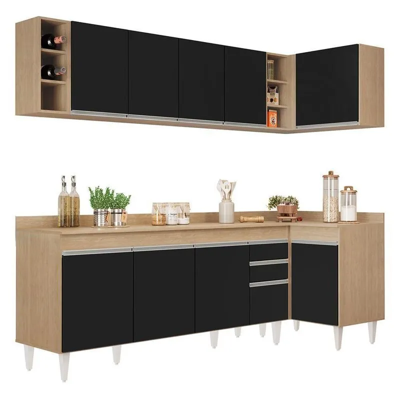 Armário De Cozinha Modulado De Canto Esquerdo 5 Peças Cp53 Balcão Com Tampo Castanho/preto - Lumil