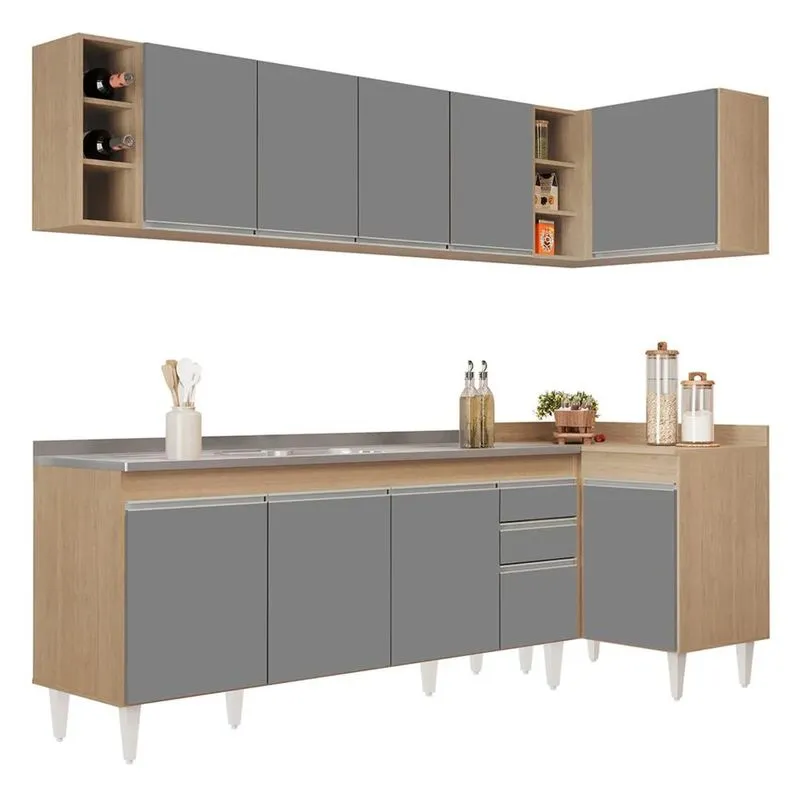 Armário De Cozinha Modulado De Canto Esquerdo 5 Peças Cp54 Com Pia Inox Castanho/cinza - Lumil