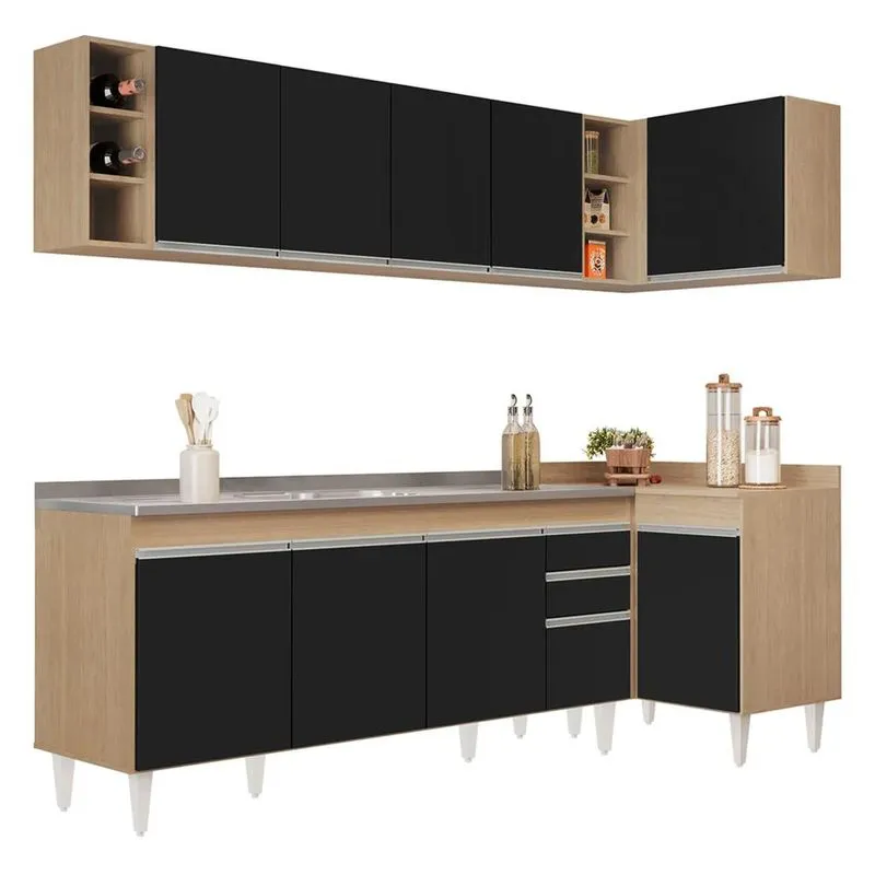 Armário De Cozinha Modulado De Canto Esquerdo 5 Peças Cp54 Com Pia Inox Castanho/preto - Lumil