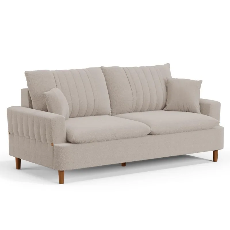 Sofá Living 3 Lugares 200cm Com Almofadas Veras D05 Boucle Bege - Mpozenato