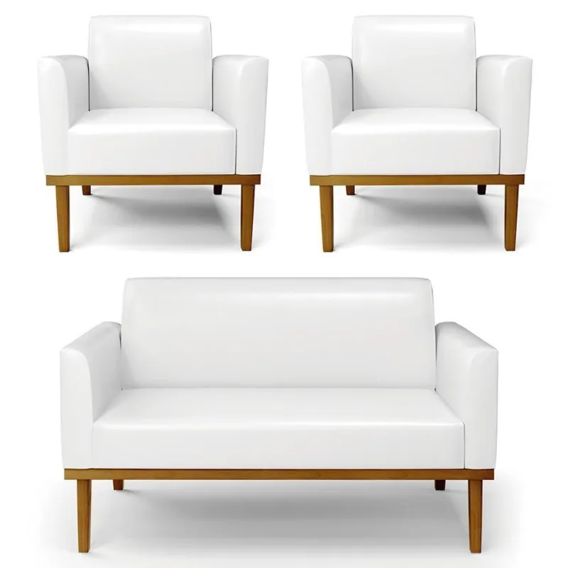 Sofá Namoradeira E 2 Poltronas Base Madeira Castanho Maressa Sintético Pu Branco - Ibiza