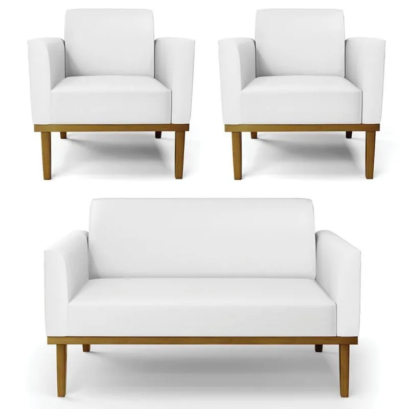 Sofá Namoradeira E 2 Poltronas Base Madeira Castanho Maressa Sintético Branco - Ibiza