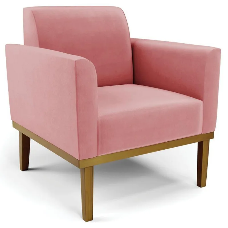 Poltrona Decorativa Base Madeira Castanho Maressa Suede Rosê - Ibiza