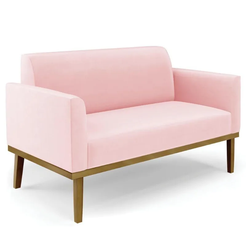Sofá Namoradeira Base Madeira Castanho Maressa Suede Rosa Bebê - Ibiza
