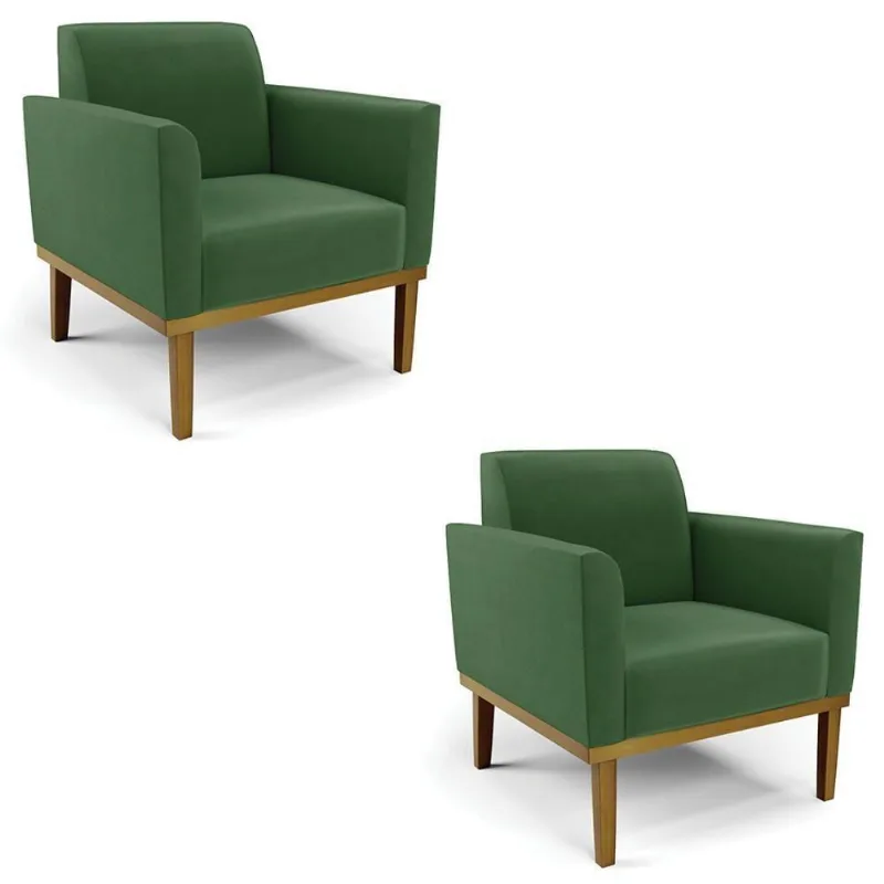 Poltrona Base Madeira Castanho Kit 2 Maressa Suede Verde - Ibiza