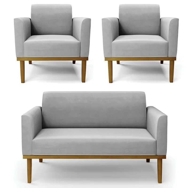 Sofá Namoradeira E 2 Poltronas Base Madeira Castanho Maressa Suede Cinza - Ibiza