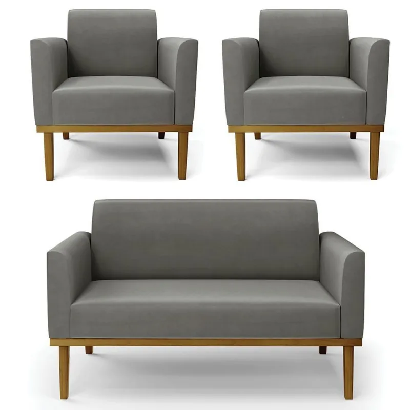 Sofá Namoradeira E 2 Poltronas Base Madeira Castanho Maressa Suede Grafite - Ibiza