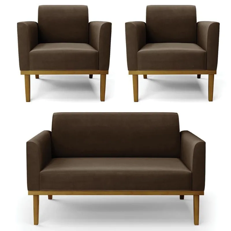Sofá Namoradeira E 2 Poltronas Base Madeira Castanho Maressa Suede Marrom - Ibiza