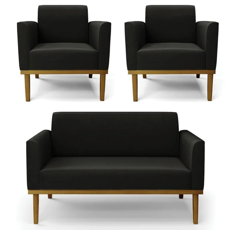 Sofá Namoradeira E 2 Poltronas Base Madeira Castanho Maressa Suede Preto - Ibiza