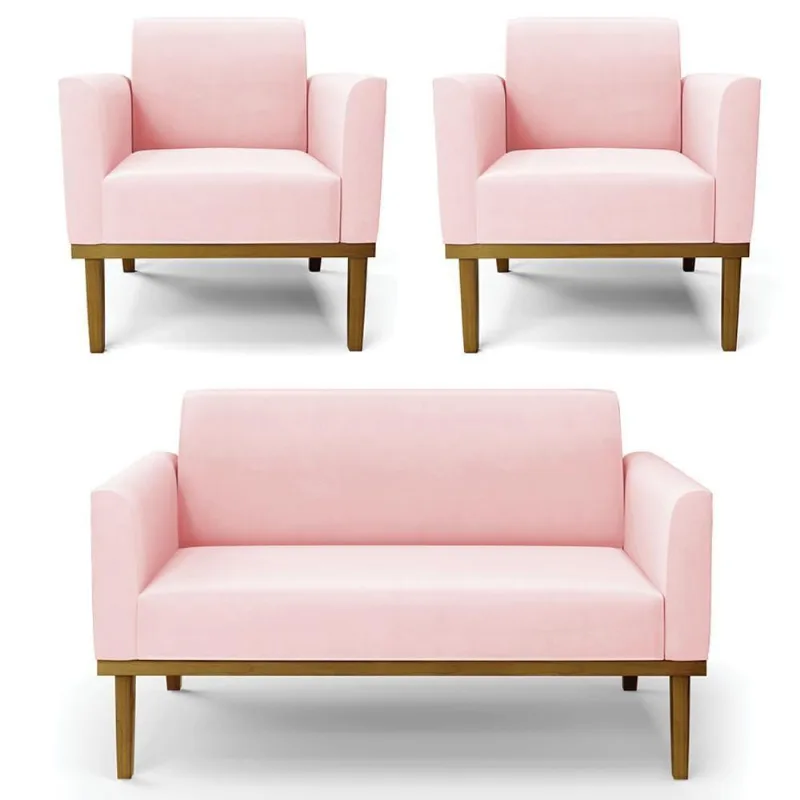 Sofá Namoradeira E 2 Poltronas Base Madeira Castanho Maressa Suede Rosa Bebê - Ibiza