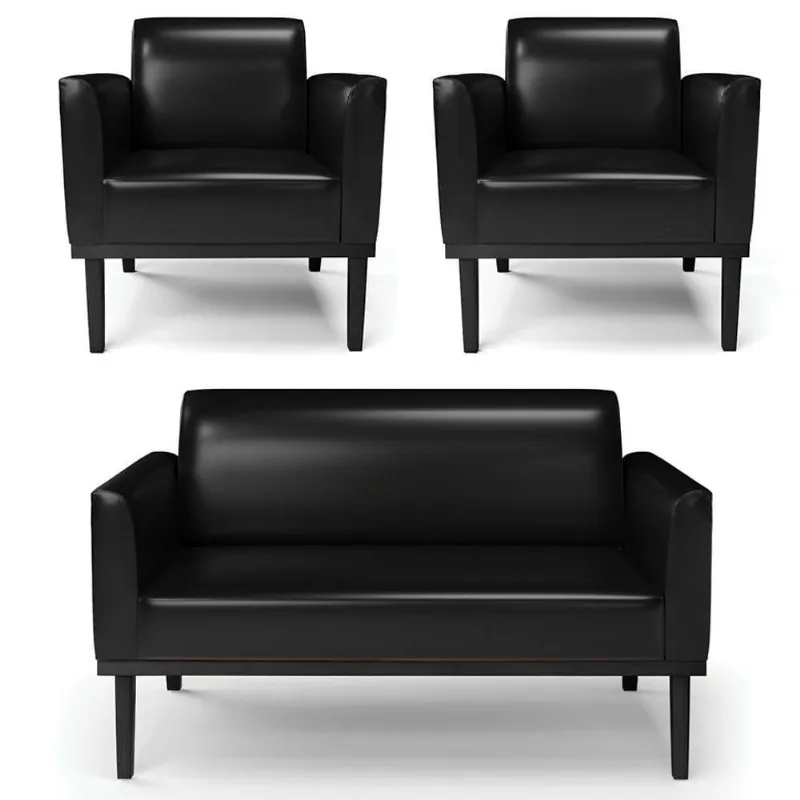 Sofá Namoradeira E 2 Poltronas Base Madeira Preto Maressa Sintético Pu Preto - Ibiza