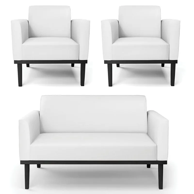 Sofá Namoradeira E 2 Poltronas Base Madeira Preto Maressa Sintético Branco - Ibiza