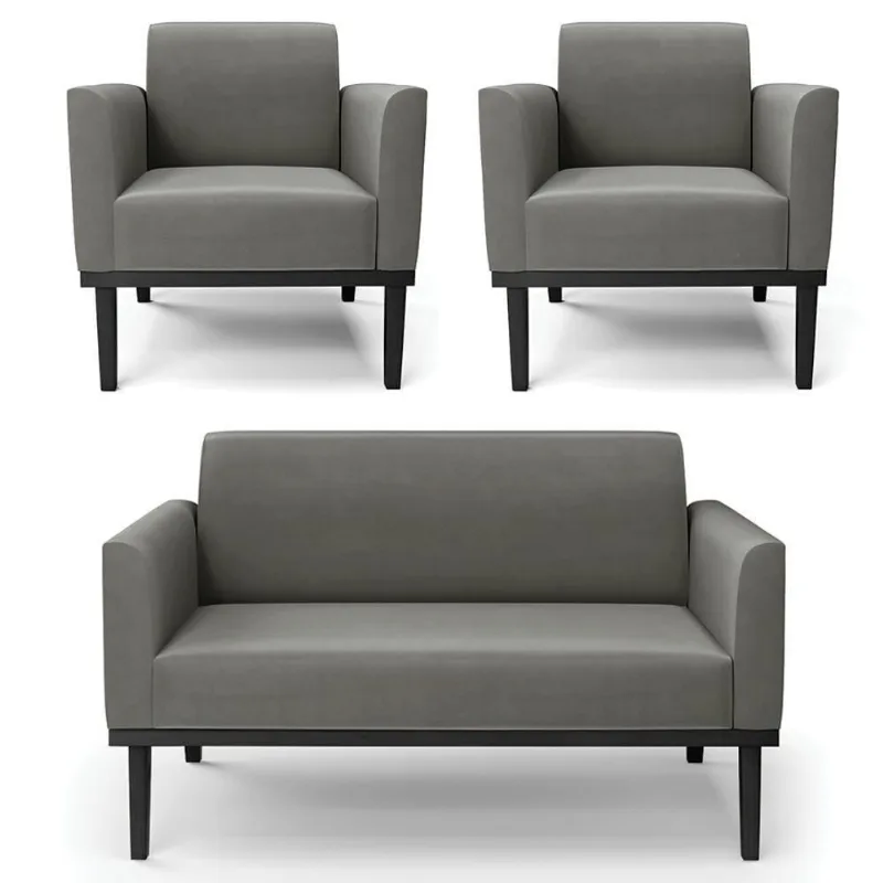 Sofá Namoradeira E 2 Poltronas Base Madeira Preto Maressa Suede Grafite - Ibiza