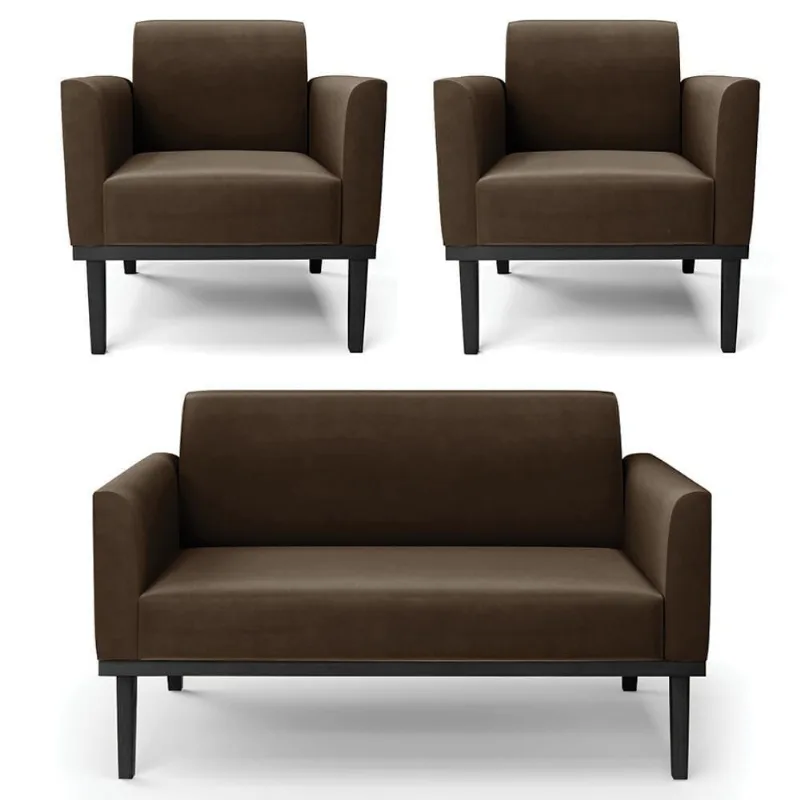 Sofá Namoradeira E 2 Poltronas Base Madeira Preto Maressa Suede Marrom - Ibiza