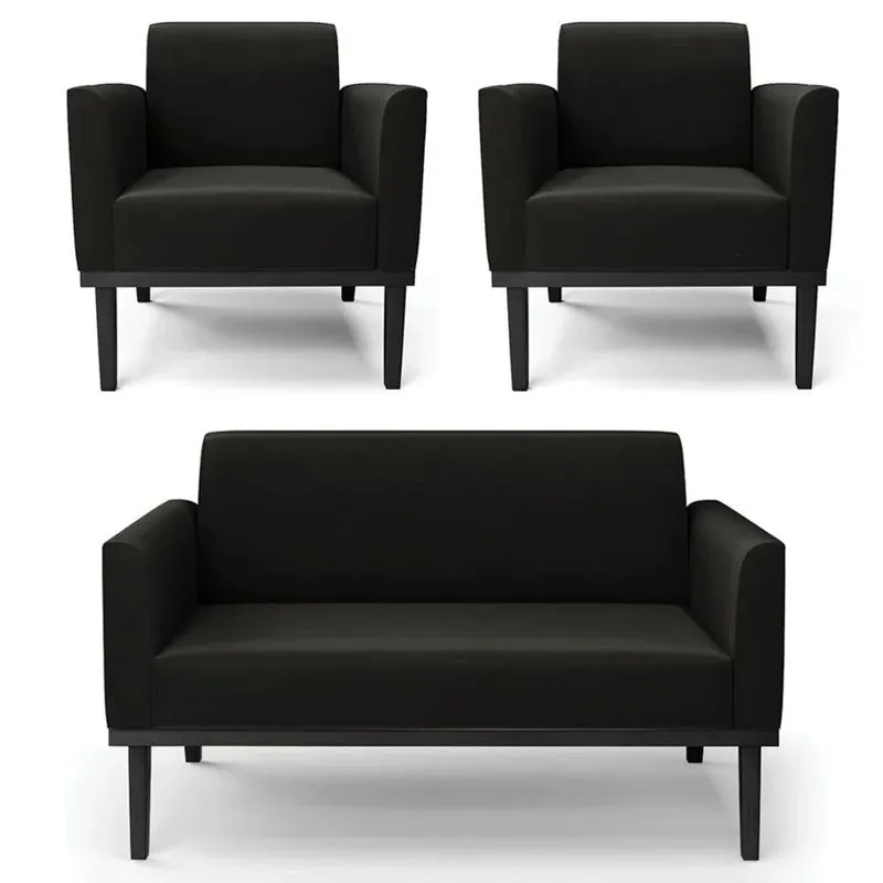 Sofá Namoradeira E 2 Poltronas Base Madeira Preto Maressa Suede Preto - Ibiza