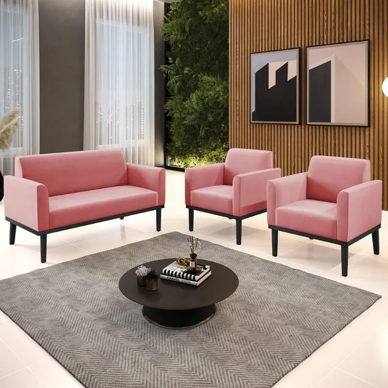 Sofá Namoradeira E 2 Poltronas Base Madeira Preto Maressa Suede Rosê - Ibiza