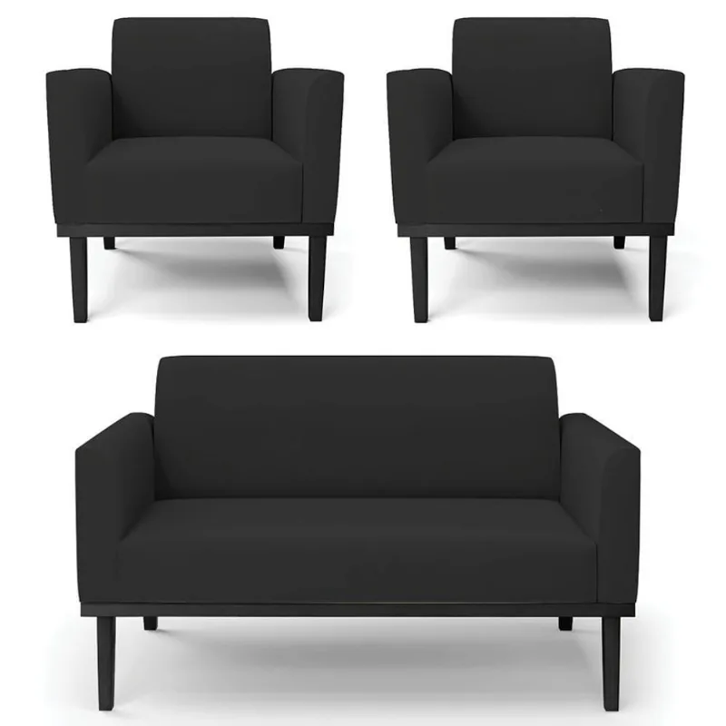 Sofá Namoradeira E 2 Poltronas Base Madeira Preto Maressa Veludo Preto - Ibiza