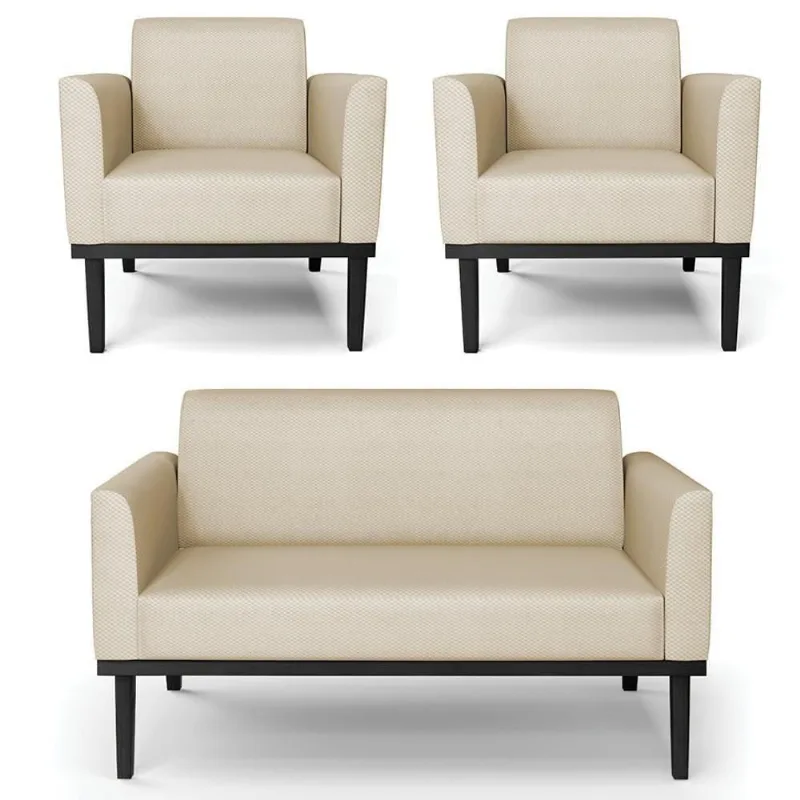 Sofá Namoradeira E 2 Poltronas Base Madeira Preto Maressa Veludo Luxo Off White - Ibiza