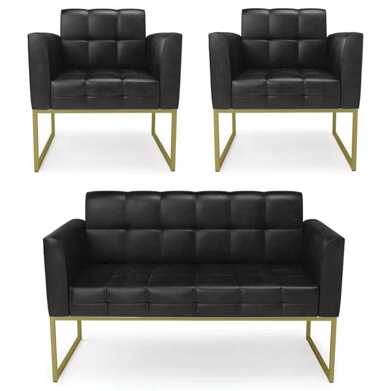 Sofá Namoradeira E 2 Poltronas Base Industrial Dourado Ana Sintético Pu Preto - Ibiza