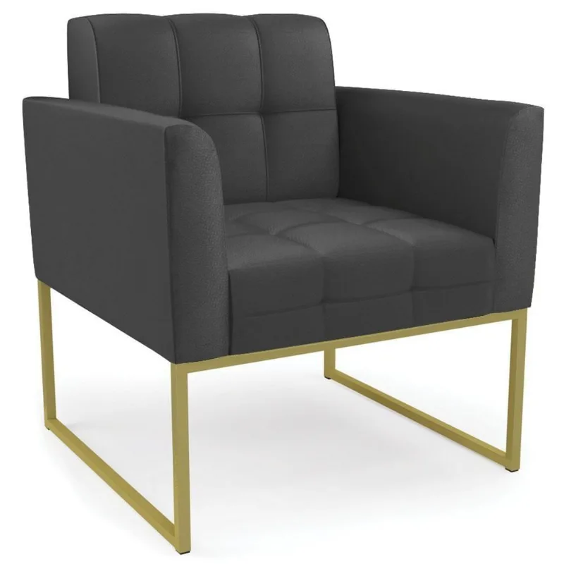 Poltrona Decorativa Base Industrial Dourado Ana Sintético Preto - Ibiza