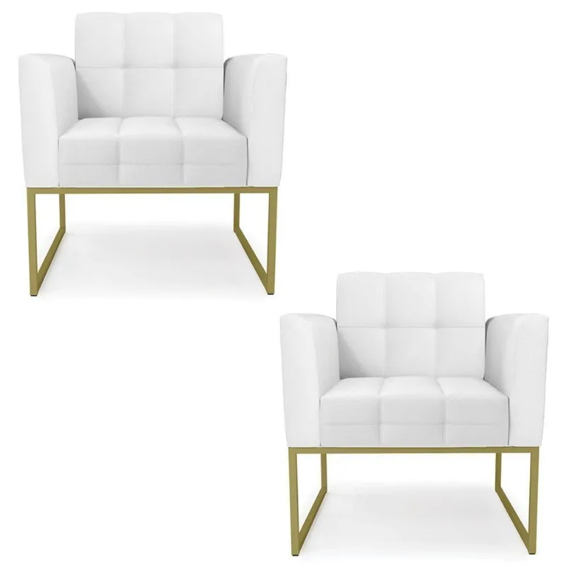 Poltrona Base Industrial Dourado Kit 2 Ana Sintético Branco - Ibiza