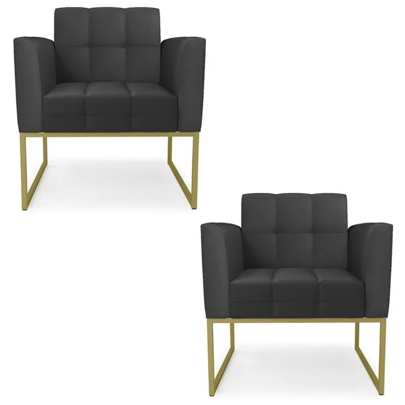 Poltrona Base Industrial Dourado Kit 2 Ana Sintético Preto - Ibiza