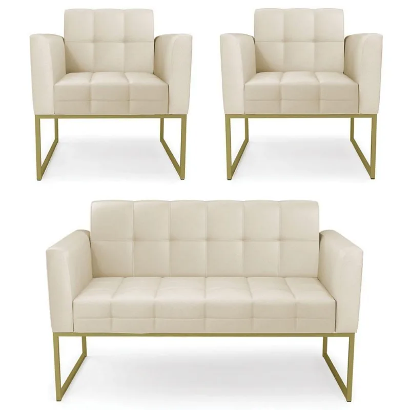 Sofá Namoradeira E 2 Poltronas Base Industrial Dourado Ana Sintético Bege - Ibiza