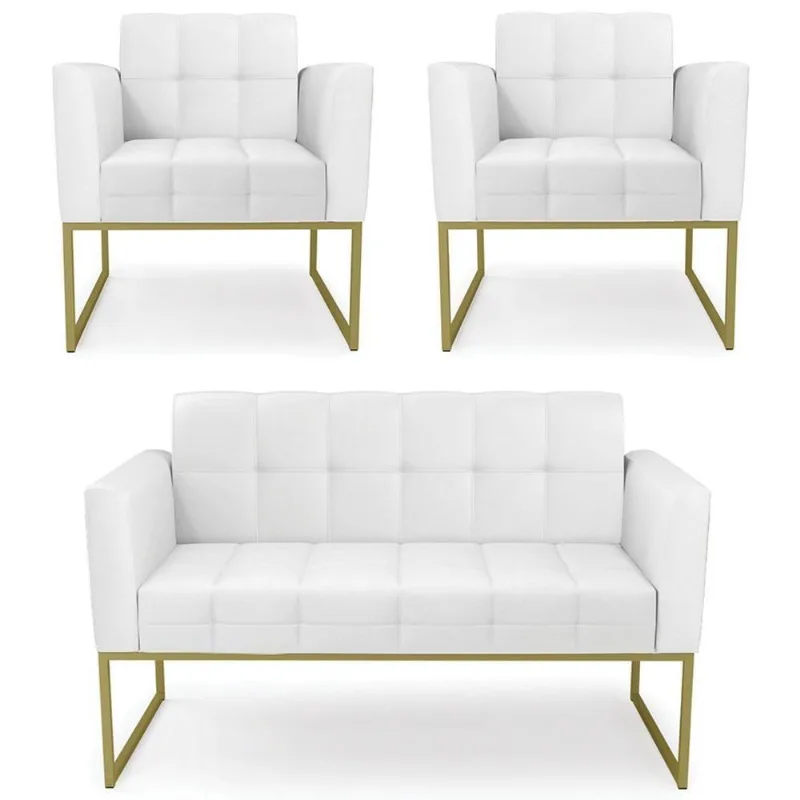 Sofá Namoradeira E 2 Poltronas Base Industrial Dourado Ana Sintético Branco - Ibiza