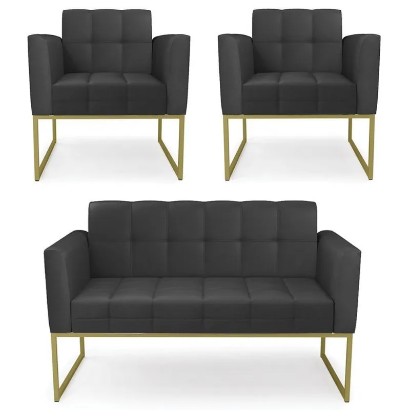 Sofá Namoradeira E 2 Poltronas Base Industrial Dourado Ana Sintético Preto - Ibiza