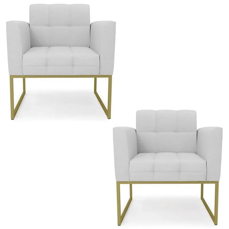 Poltrona Base Industrial Dourado Kit 2 Ana Linho Cinza - Ibiza