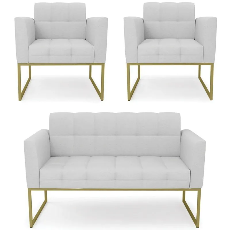 Sofá Namoradeira E 2 Poltronas Base Industrial Dourado Ana Linho Cinza - Ibiza