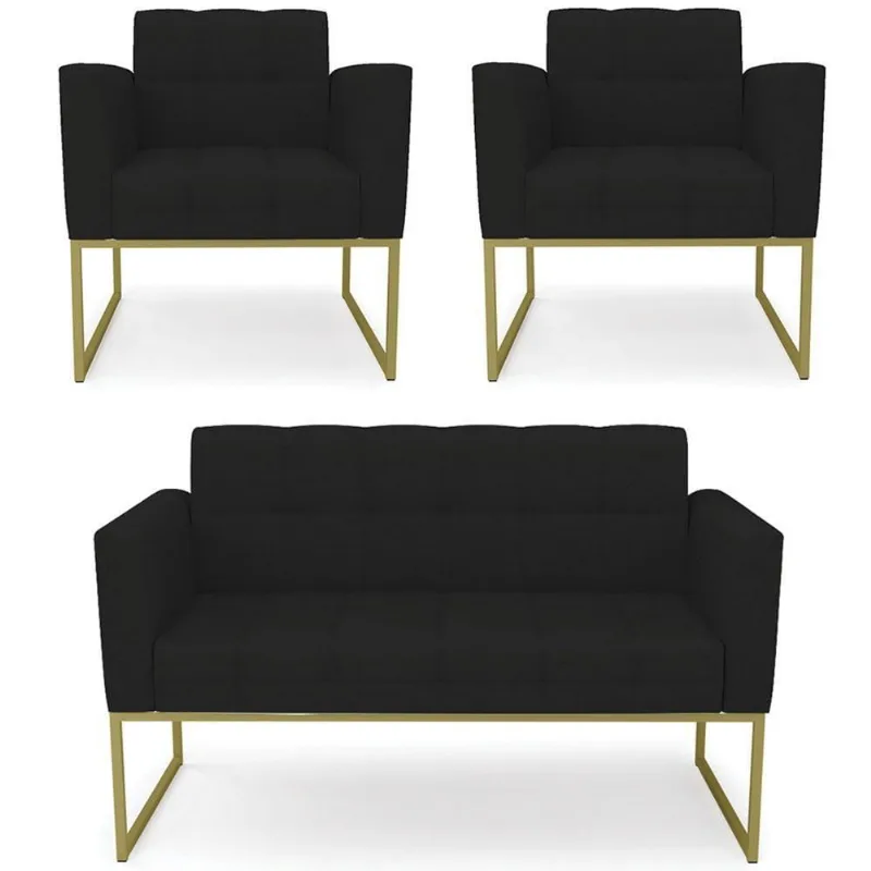Sofá Namoradeira E 2 Poltronas Base Industrial Dourado Ana Linho Preto - Ibiza