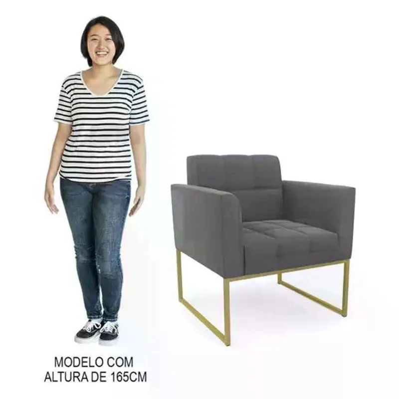 Poltrona Decorativa Base Industrial Dourado Ana Suede Grafite - Ibiza