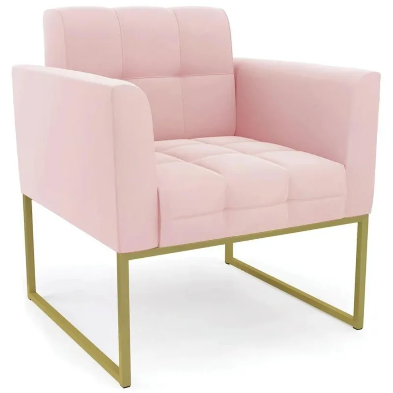 Poltrona Decorativa Base Industrial Dourado Ana Suede Rosa Bebê - Ibiza