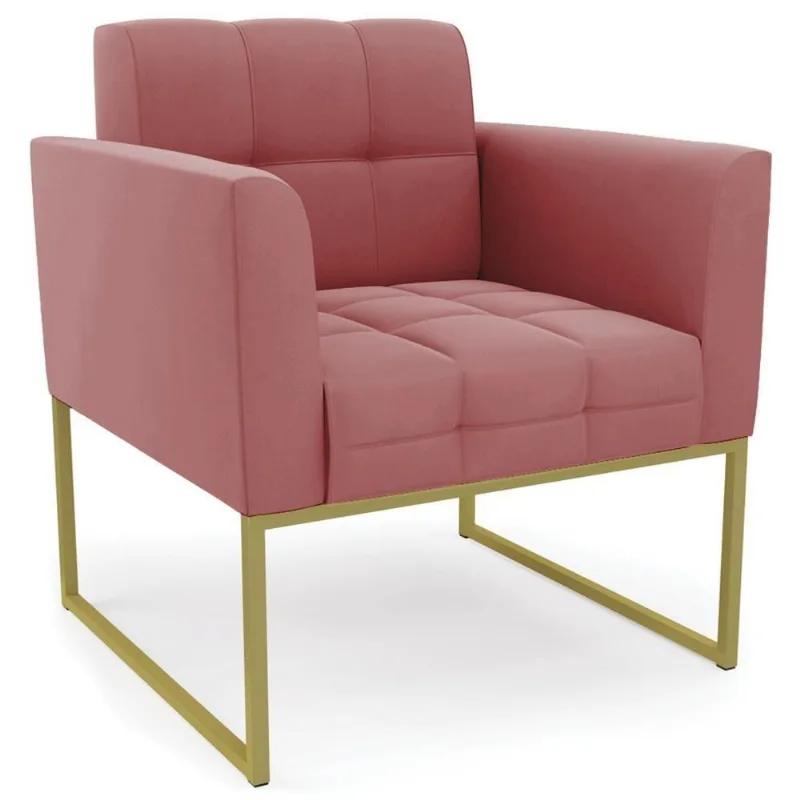 Poltrona Decorativa Base Industrial Dourado Ana Suede Rosê - Ibiza