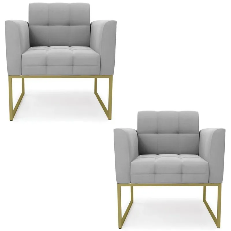 Poltrona Base Industrial Dourado Kit 2 Ana Suede Cinza - Ibiza