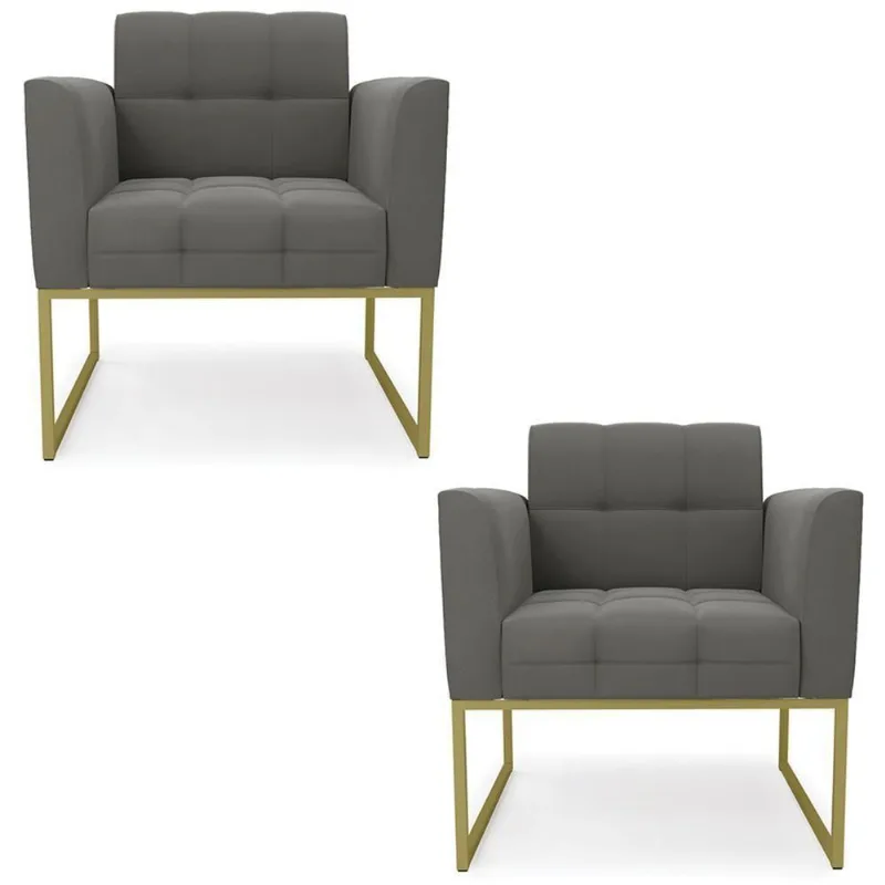 Poltrona Base Industrial Dourado Kit 2 Ana Suede Grafite - Ibiza