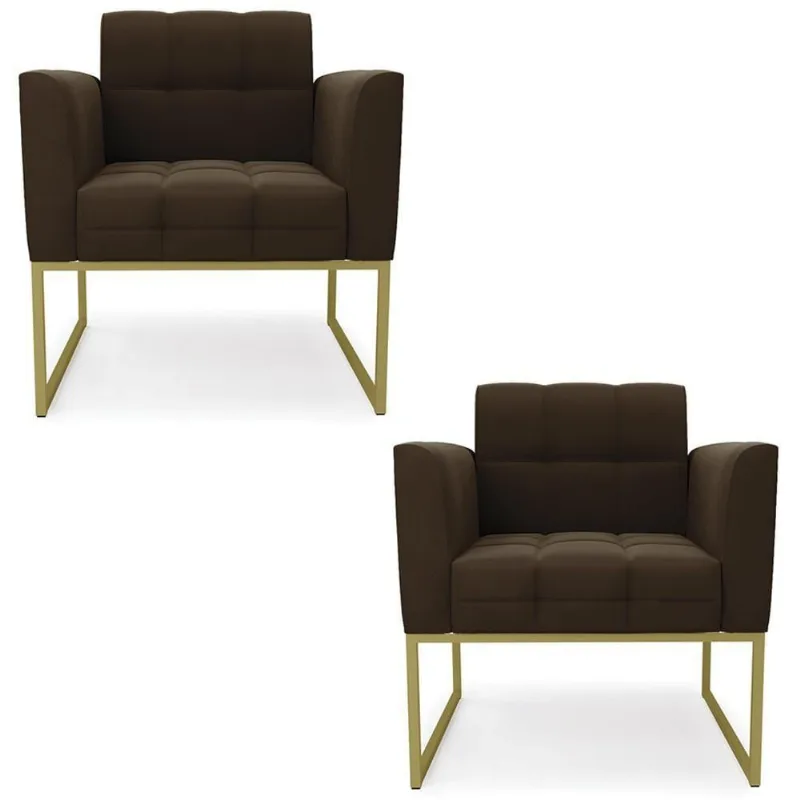 Poltrona Base Industrial Dourado Kit 2 Ana Suede Marrom - Ibiza