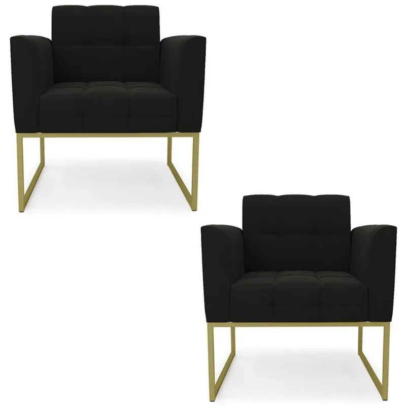 Poltrona Base Industrial Dourado Kit 2 Ana Suede Preto - Ibiza