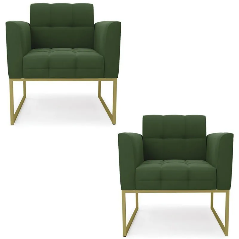 Poltrona Base Industrial Dourado Kit 2 Ana Suede Verde - Ibiza
