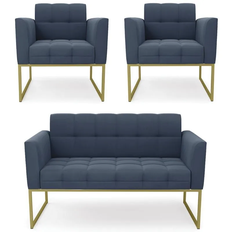 Sofá Namoradeira E 2 Poltronas Base Industrial Dourado Ana Suede Azul Marinho - Ibiza