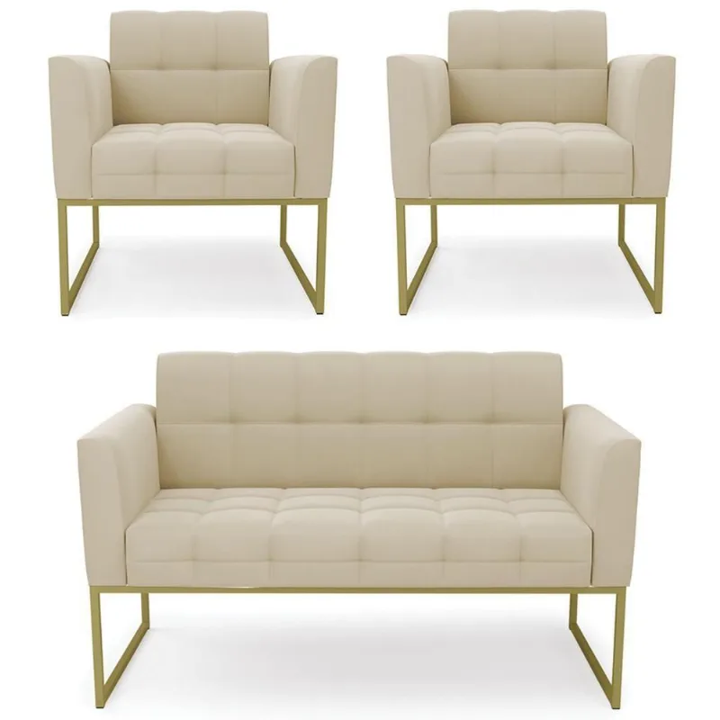 Sofá Namoradeira E 2 Poltronas Base Industrial Dourado Ana Suede Bege - Ibiza